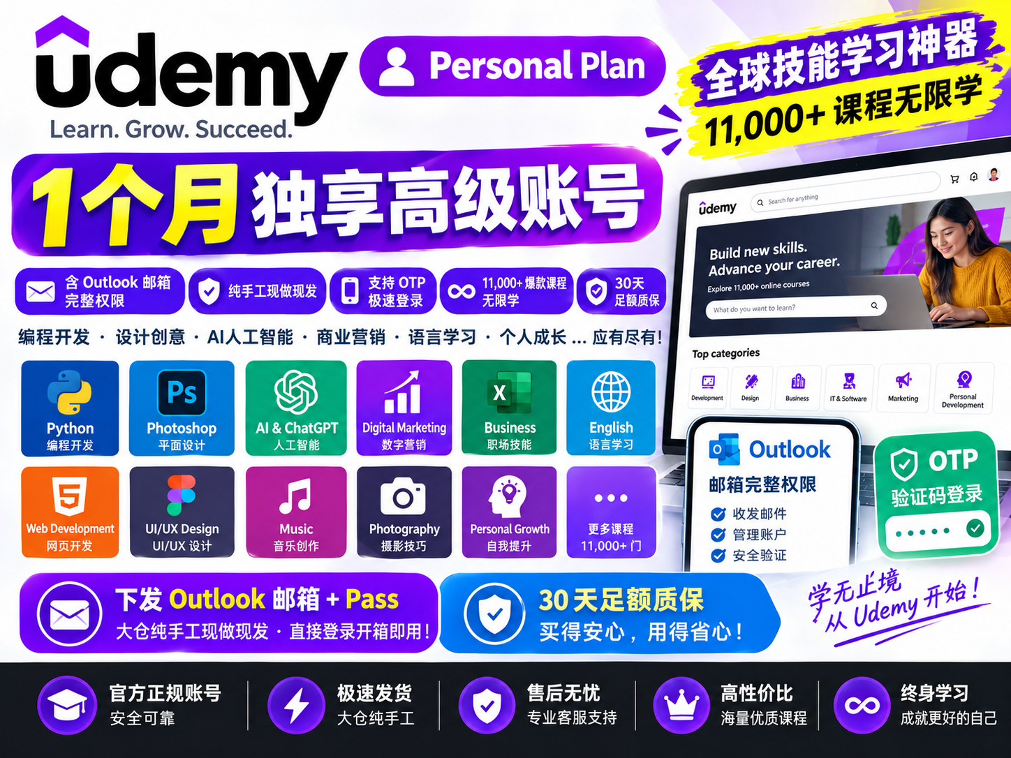 Udemy Personal Plan 1个月独享官号 [30天足额质保]