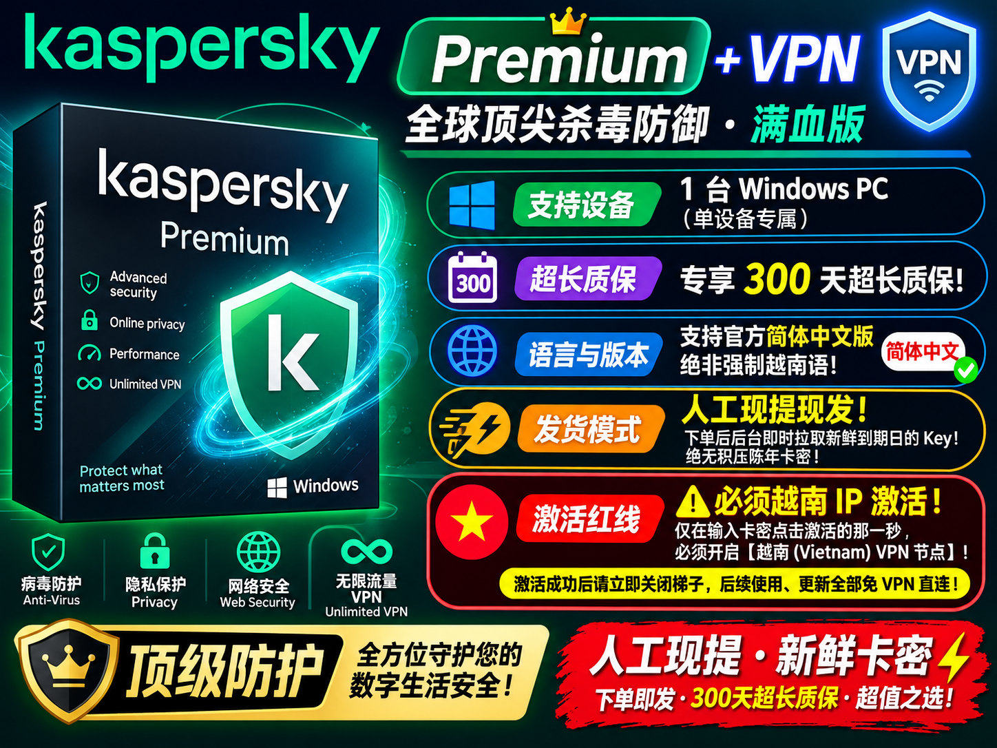 卡巴斯基 Kaspersky Premium ＋ VPN 顶级防护 [1设备/300天质保]